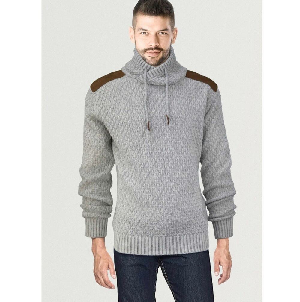 XRAY Knitted Cowl Neck Pullover Sweater Men Small Marled Gray Shoulder Patch EUC